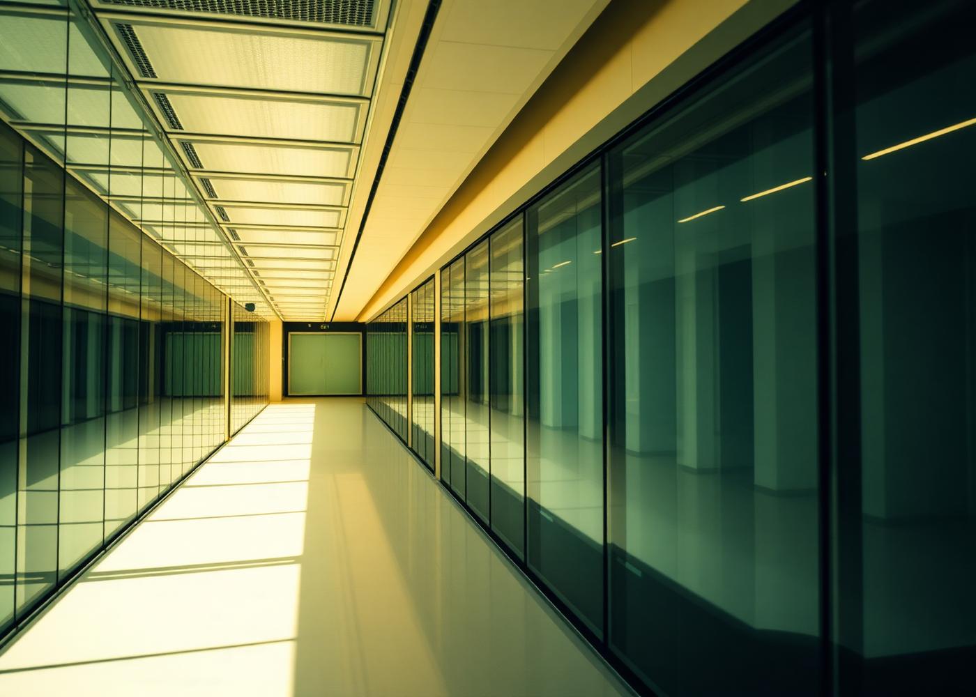 A long, glass-walled data-centre corridor bathed in warm light.