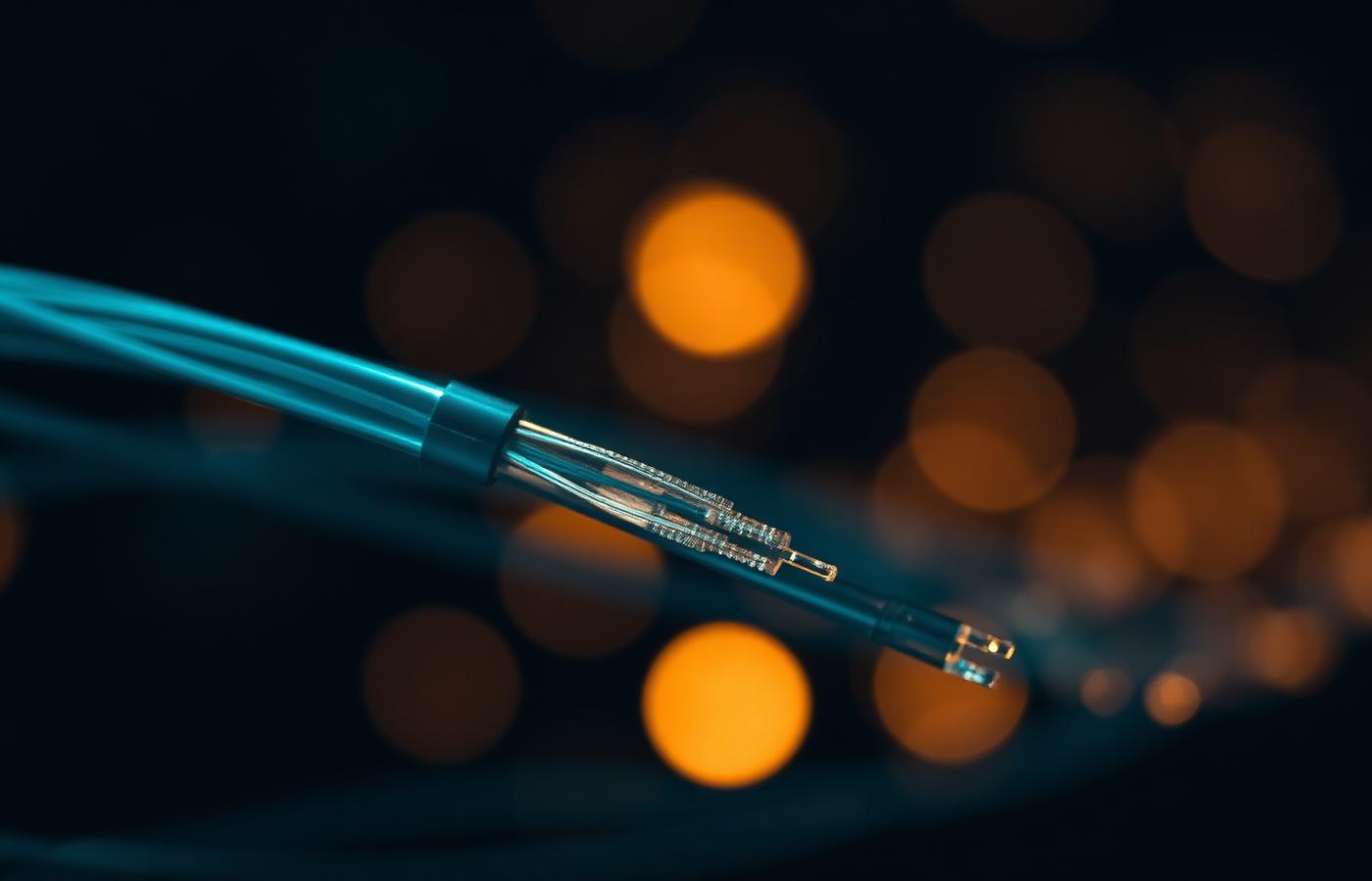 Fibre-optic cable illuminated in warm bokeh light.