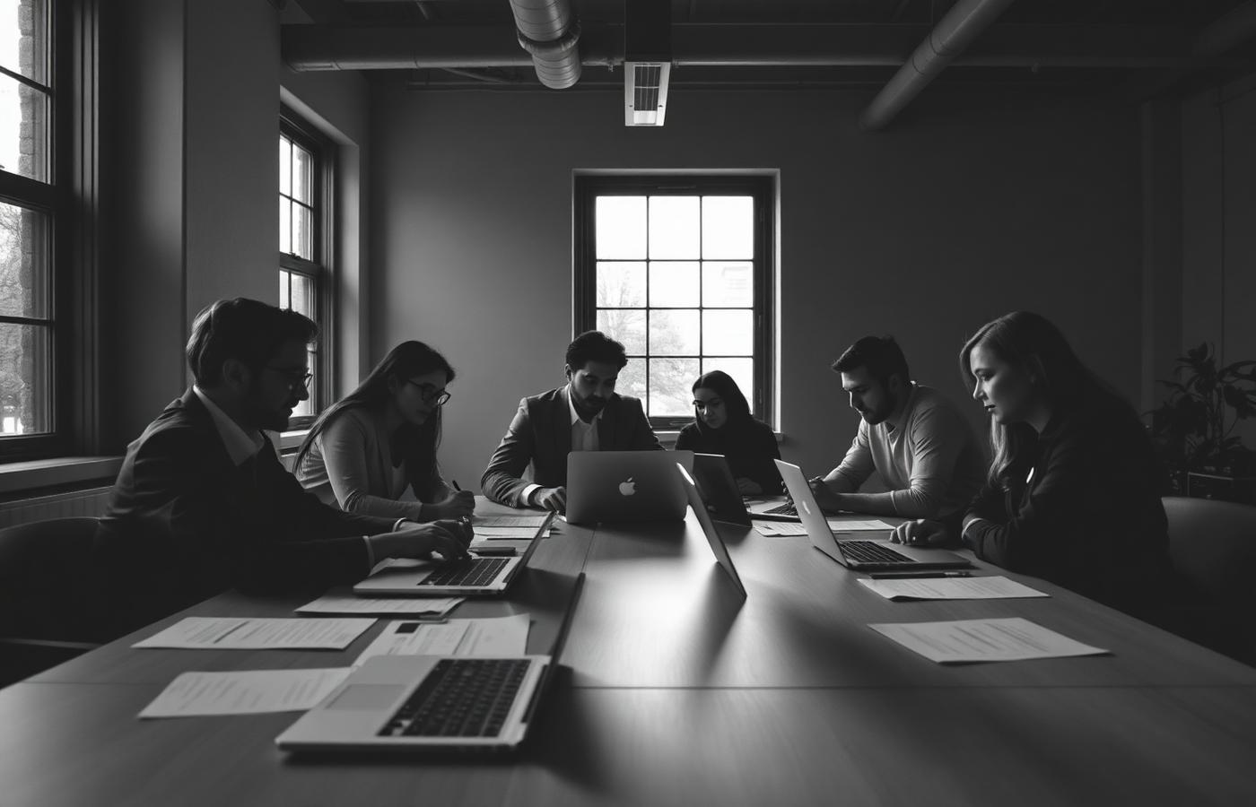 Members of a small technology team working around a shared table.